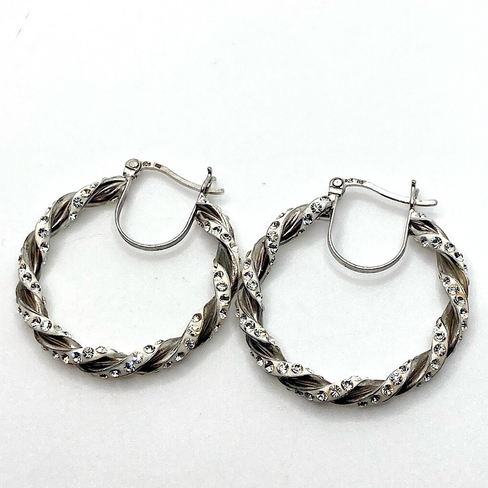 Vtg Sterling Silver Rhinestone & White Enamel Large Twist Glitter Hoops 1.4”